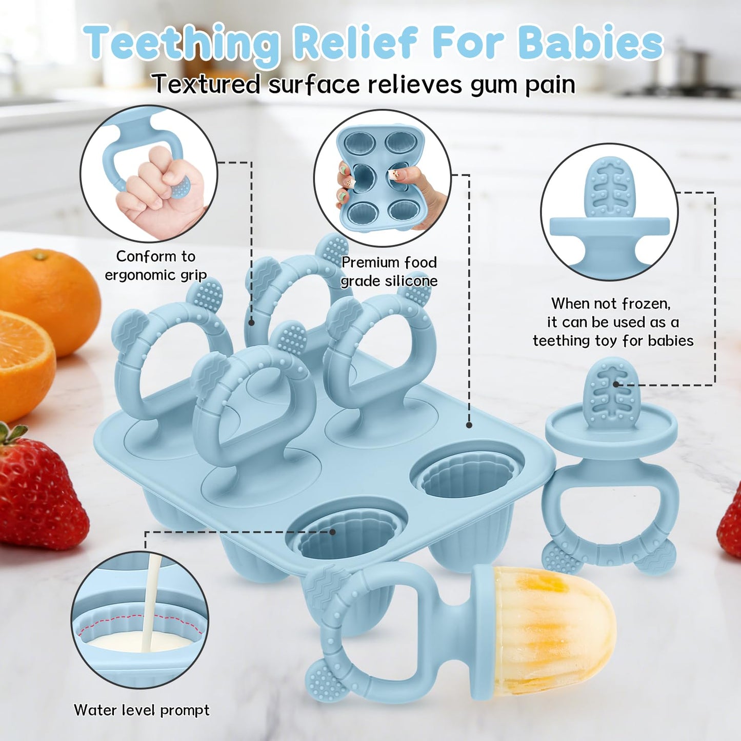 Silicone Baby Popsicle Molds with Sticks, Mini Popsicles Molds for Babies Breastmilk Popsicle Molds for Teething Relief, Frozen Treats Maker Popsicle Maker Ice Pop Mold for Toddlers Kids(Blue)