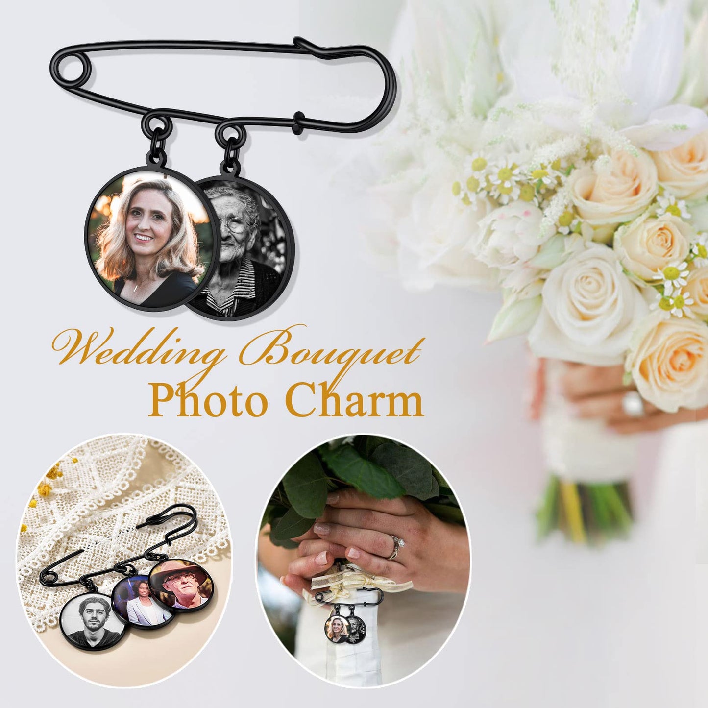 Custom4U Bridal Bouquet Photo Charms Customized Memory Round Charm for Wedding Funeral Boutonniere Pictures Brooch Pins