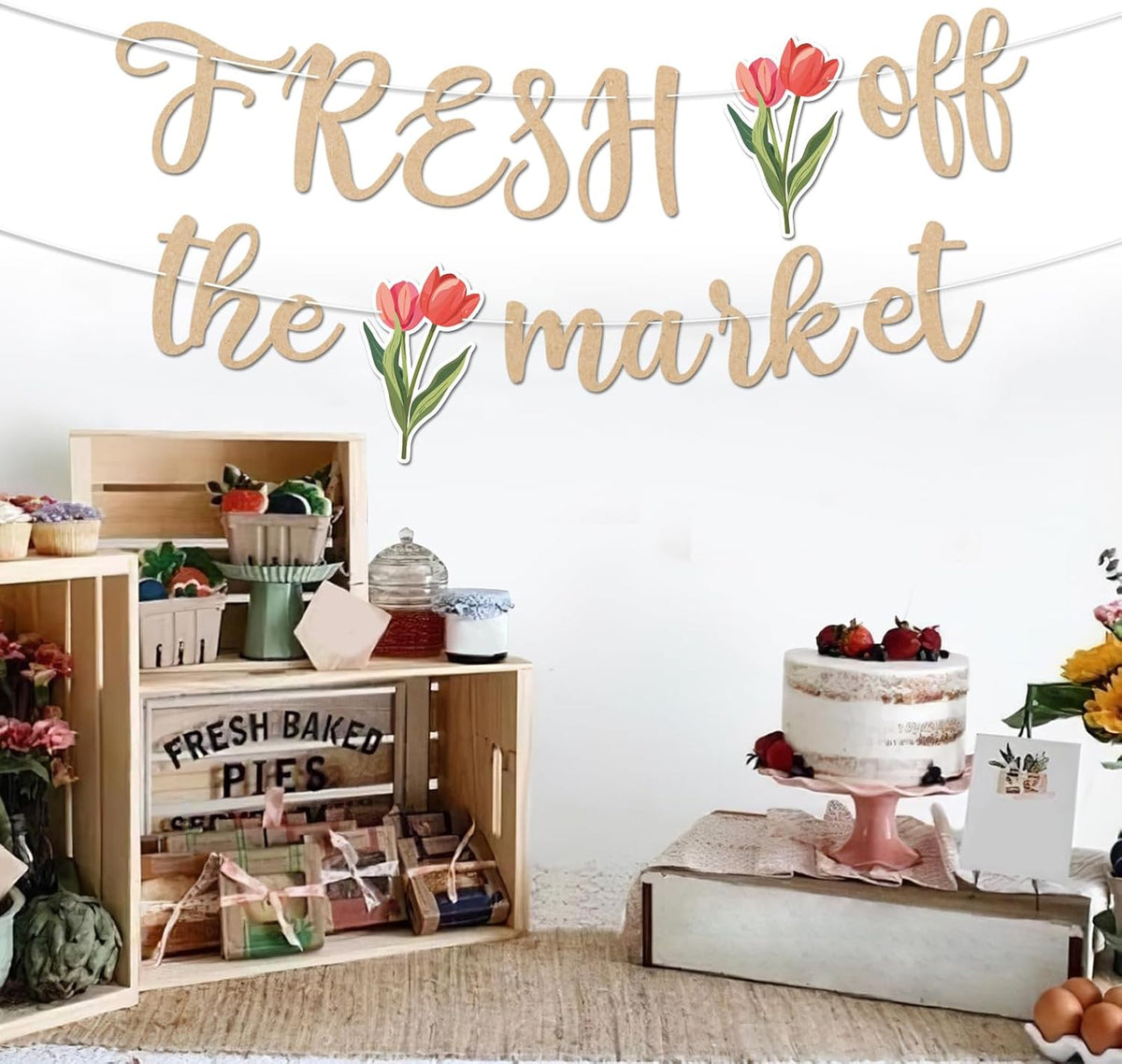 Fresh Off The Market Bridal Shower Banner, Vintage Farmers Market Floral Theme Wedding Banner for Bachelorette Wedding Engagement Party Decorations Supplies, No DIY.