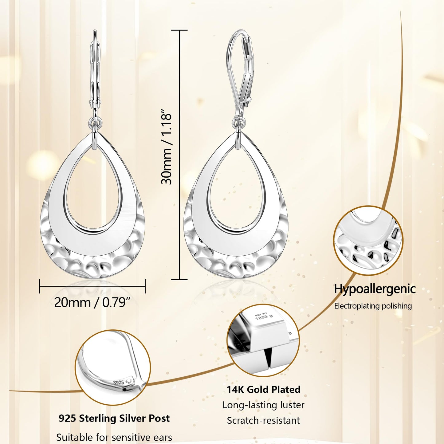 Sterling Silver Teardrop Dangle Earrings for Women Sliver Layer Leverback Hammered Dangle Earrings Jewelry Hypoallergenic Waterdrop Leverback Dangle Earring for Gifts