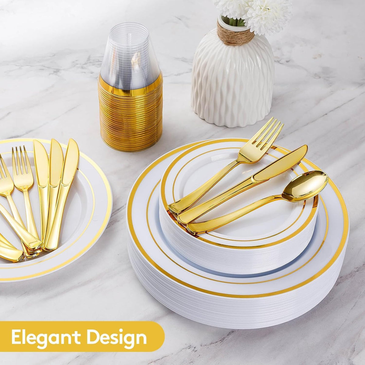 Goodluck 420 Pieces Gold Disposable Plates for 70 Guests, Plastic Plates for Party, Dinnerware Set of 70 Dinner and 70 Dessert Plates, 70 Spoons, 70 Forks, 70 Knives, 70 Cups