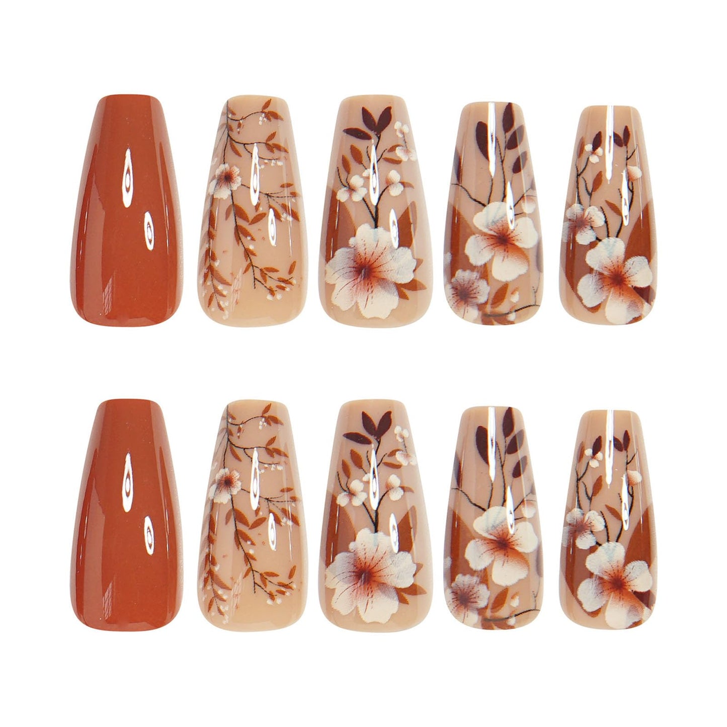 Fall Press on Nails Medium Coffin Fake Nails with Flower Leaves Designs Glossy Nails Press ons Brown Full Cover Glue on Nails Autumn Acrylic Artificial Stick on Nails for Women 24Pcs