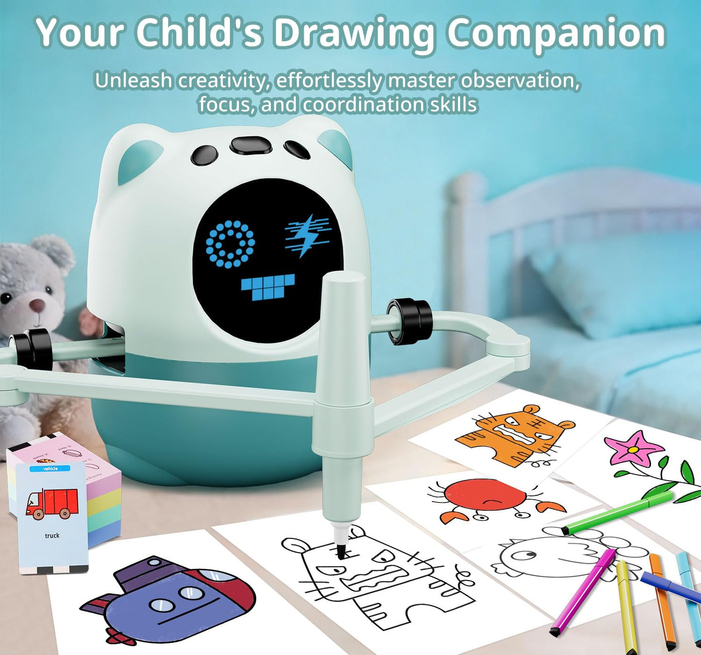 Drawing Robot for Kids with 150 Cards& 12 Color Pens，Montessori Drawing Learning Toys,Interactive Educational Robot Drawing Machine for 3 4 5 6 7 8 Year Old Boys Girls Christmas Birthday Party Present