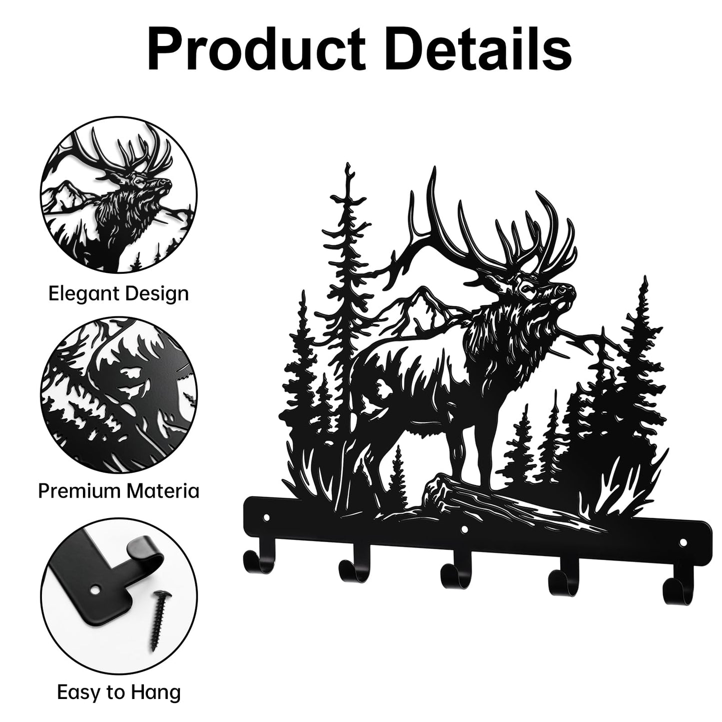 Hnatzu Deer Head Key Hanger Wall Mount-Rustic Metal Wall Hook with Mountain Forest Scene, Functional Deer Wall Decor for Entryway, Cabin, Hunting Lodge