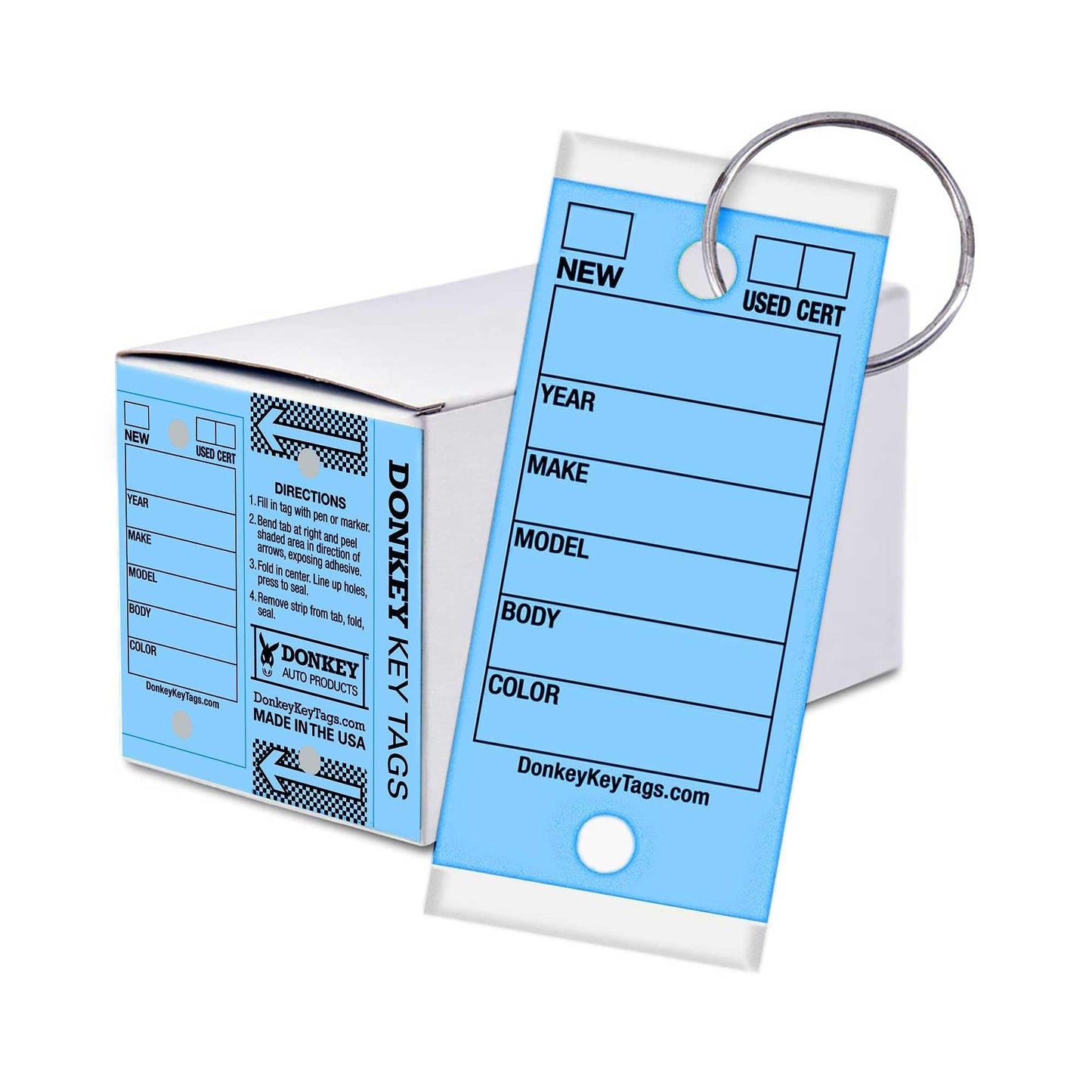 Donkey Key Tags, Laminated Self-Protecting (250 Tags per Box with Metal Rings) (Blue)