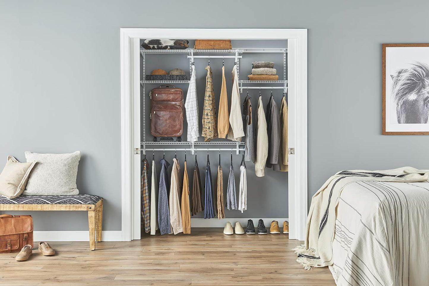 ClosetMaid ShelfTrack Wire Closet Organizer System, Adjustable from 4 to 6 Ft., With Shelves, Clothes Rods, Hardware, Durable Steel, White