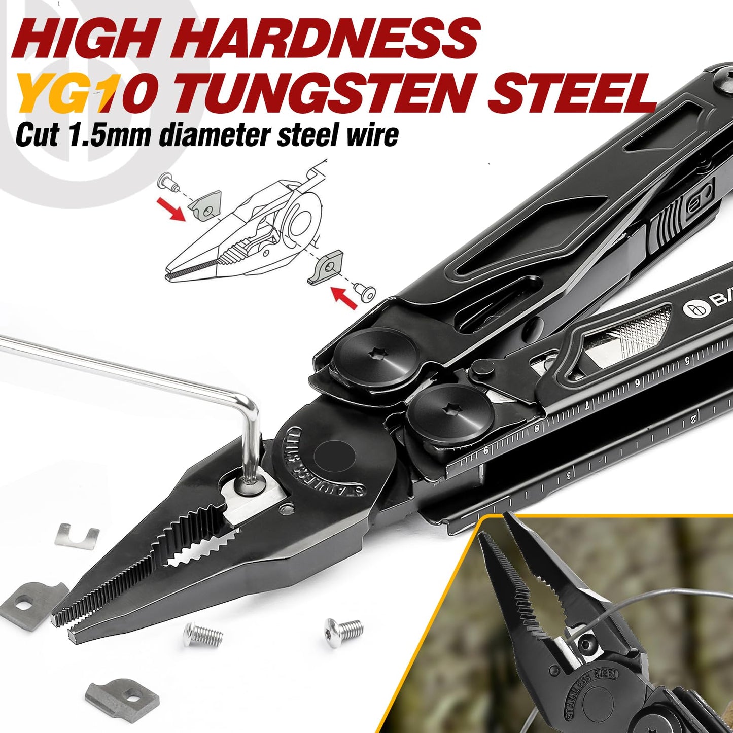 BIBURY Multitool Pliers Pro BI2045AB, Stainless Steel Foldable Multi Tool with Upgraded Scissors and Screwdriver, Multitools with Replaceable Wire Cutters and Saw, Ideal for Camping,Fishing,Survival