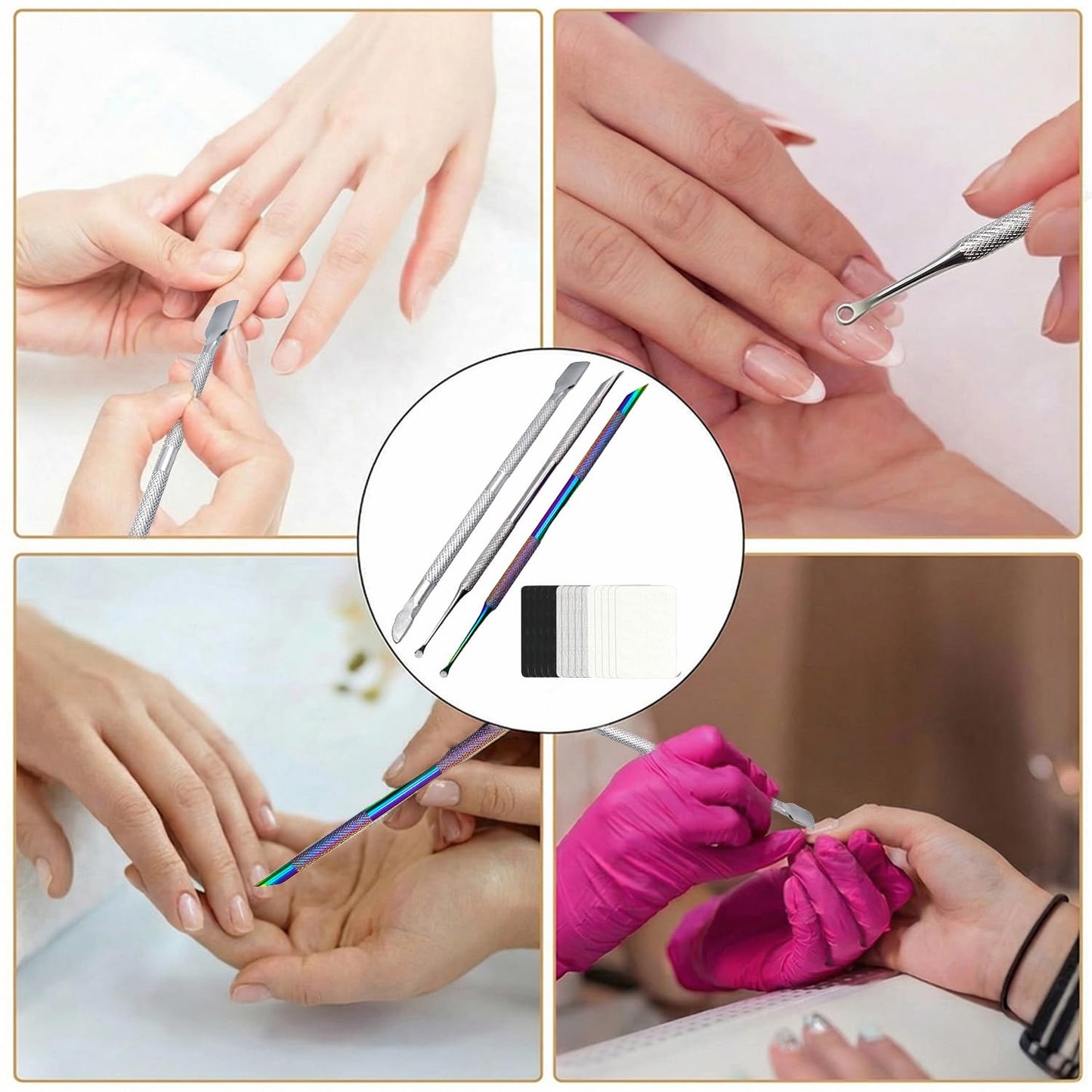 TNJPSEK 25 Pack Cuticle Pusher Kit, Dual-Ended Stainless Steel Nail Tool with Adhesive Nail Files for Manicure Pedicure, Salon-Quality Grooming for Home & Beauty Techs (With 4 Bags & 3 Brushes)
