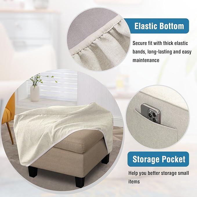 H.VERSAILTEX Sturdy Ottoman Cover Linen Look Ottoman Slipcover with Storage Side Pocket Thick Footrest Stool Covers with Elastic Band for Square Ottoman Fit Length 36"-37" Footrest - Heather Ivory