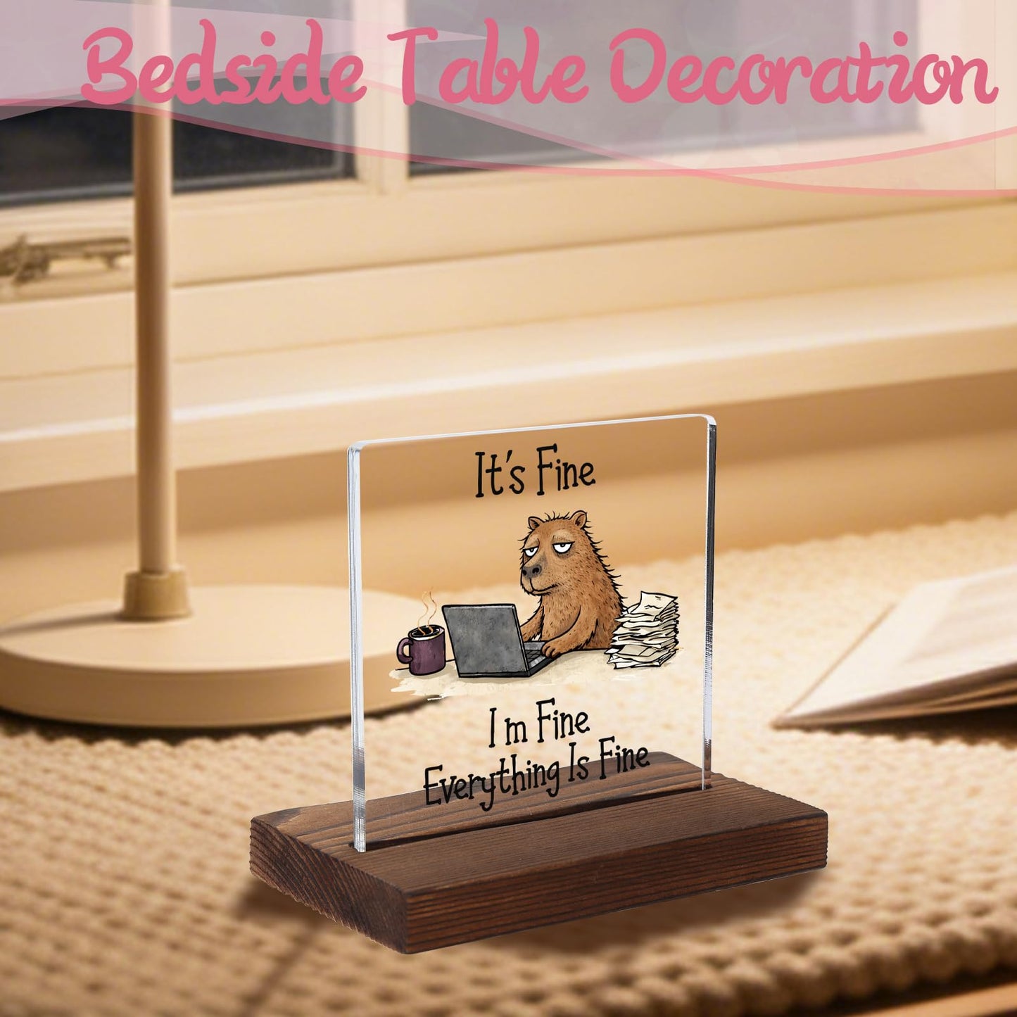 Funny Capybara Acrylic Plaque Gift, Calming Gift for Remote Worker, Relatable Desk Decor for Project Manager, Transparent Acrylic Plaque with Wooden Stand, HSJ119