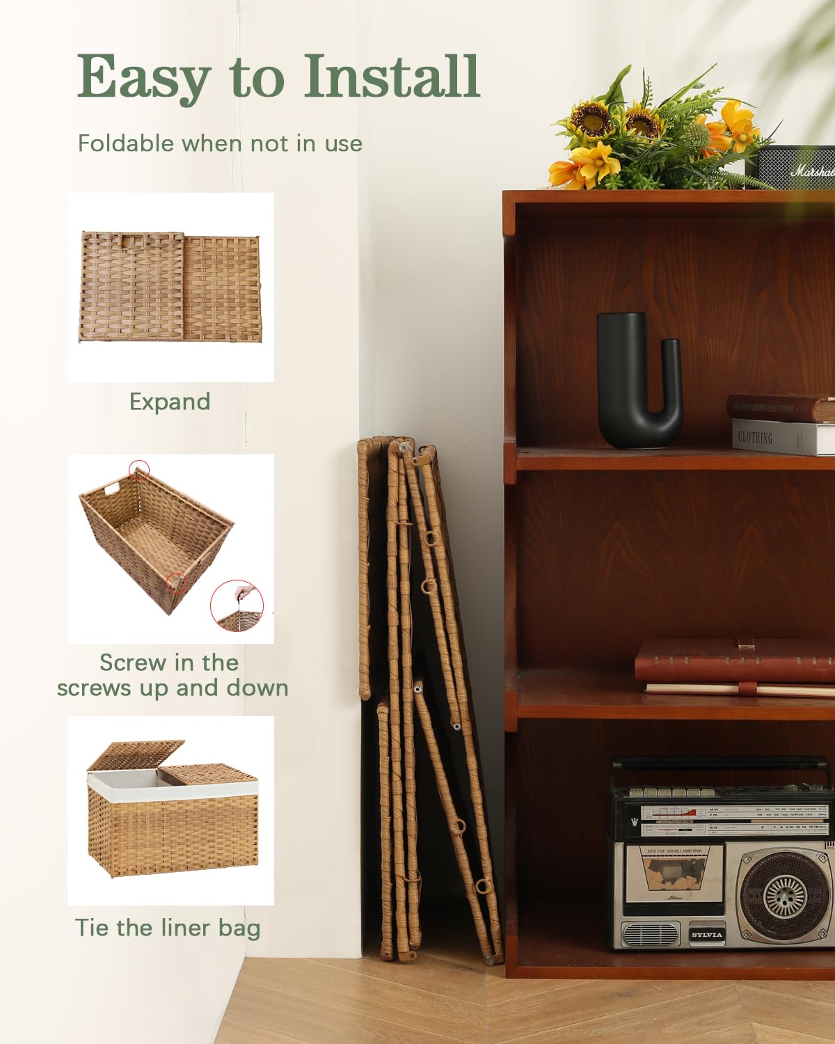 SETVSON Storage Basket with Lid Rattan Woven Storage Baskets with 2 Separate Lids, 17.2 Gallon (65 L), 22 x 13 x 13.8 Inches,Foldable, 2 Removable Liner Bags Handles for Bedroom, Laundry Room Natural