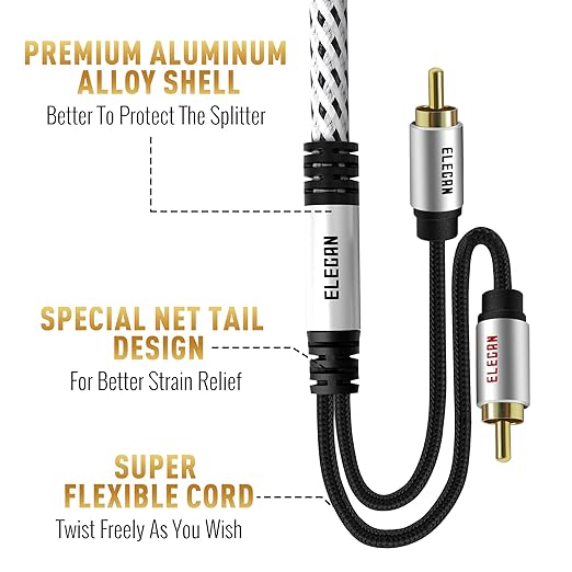 Elecan Premium RCA Cable 100 Ft (Hi-Fi Sound-16 AWG-Shielded) 2 RCA Male to 2 RCA Male Stereo Audio Cable, Gold Plated-Aluminum Alloy Shell-Pure Copper-Braided RCA Cord for Home Theater Speakers +Ties