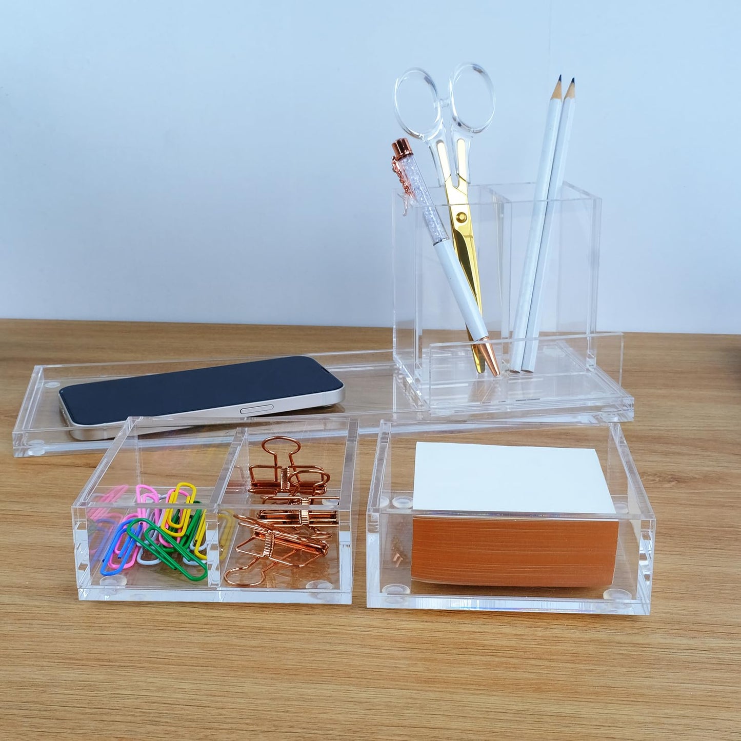 EXPUTRAN Clear Acrylic Desk Organizer 4-Piece Desk Kit + Free Complimentary Acrylic Ruler, Desktop Organization for Office or Home