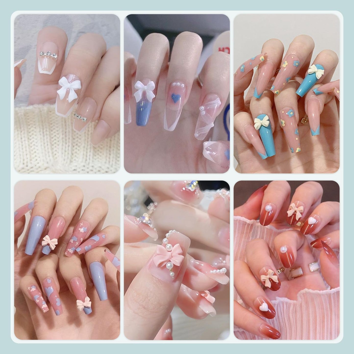 600 Pcs 3D Nail Charms and Flatback Pearls #2, Pink White Black Multi Styles Bowknot Charms + Pink&White Star Heart Nail Jewels + 2-6mm White Nail Pearls for Nail Art Design with Pickup Tools