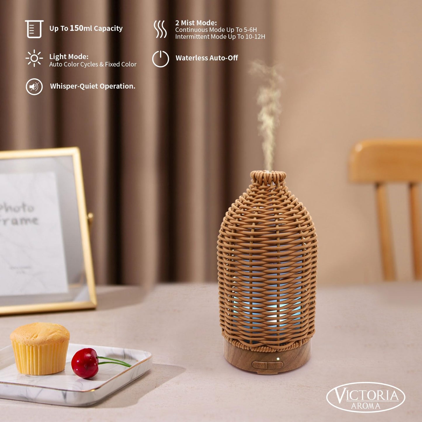 VICTORIA AROMA Essential Oil Diffuser - Multifunction Aromatherapy Diffuser 7 LED Color Changing Light 100ML Rattan Diffuser Easy to Clean Suitable for Home,Office (Tan)