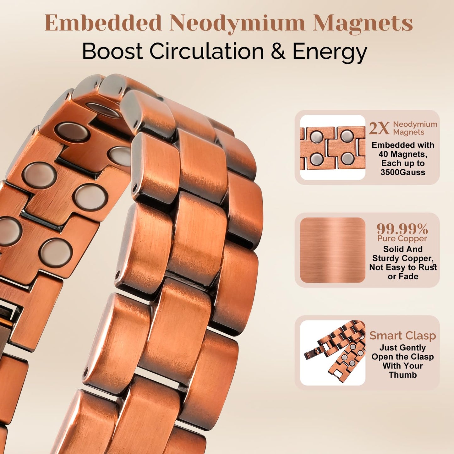 JEROOT Men's 99.99% Pure Copper Magnetic Bracelet, 3500 Gauss Magnets Adjustable with Sizing Tool