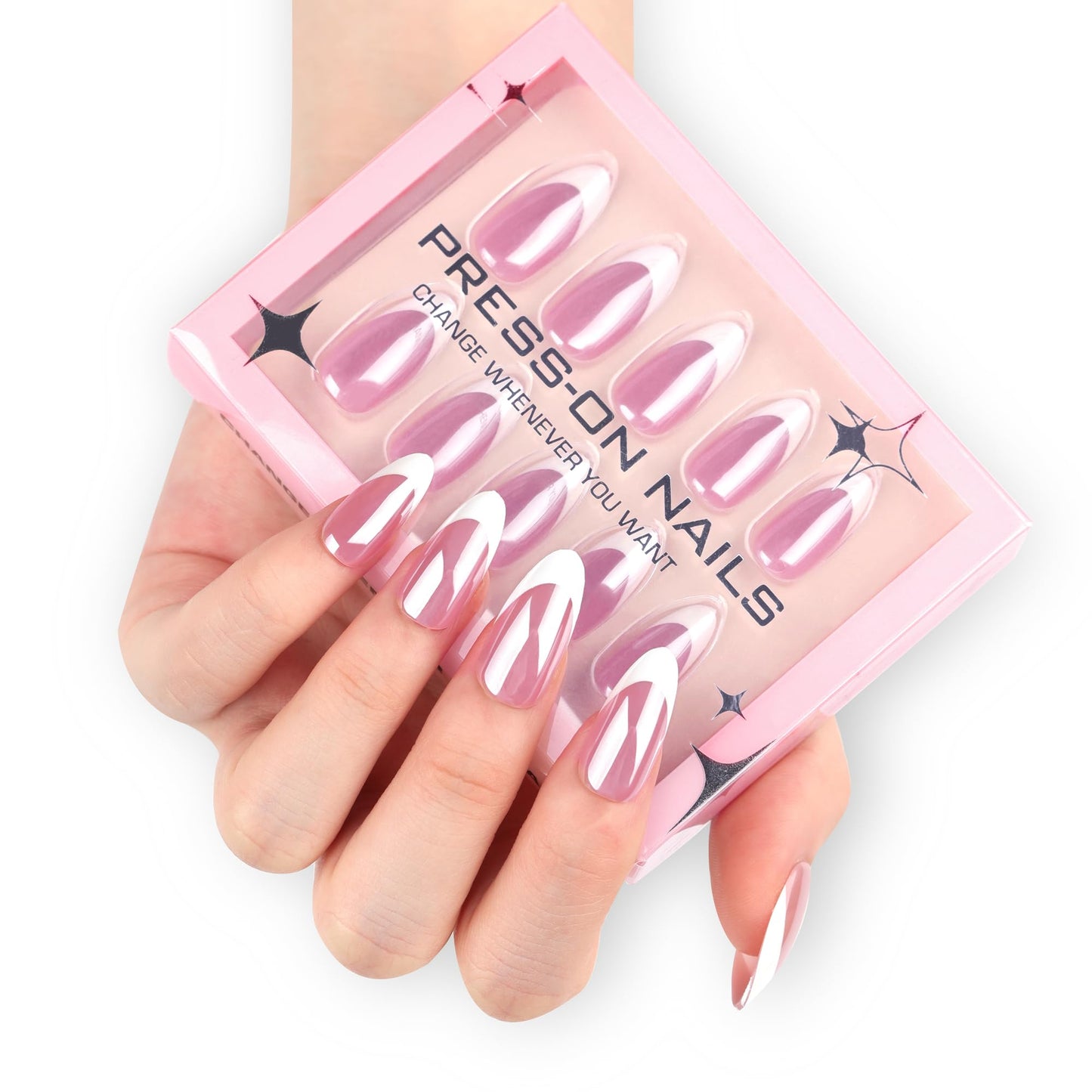 Almond Press-On Nails – 30 Pcs Glossy Chrome, French Tip & Solid Color Nail Set with Glue & Adhesive Tabs | PMMA Coated Reusable False Nails for Women & Teens (Parisian Tip, Medium)