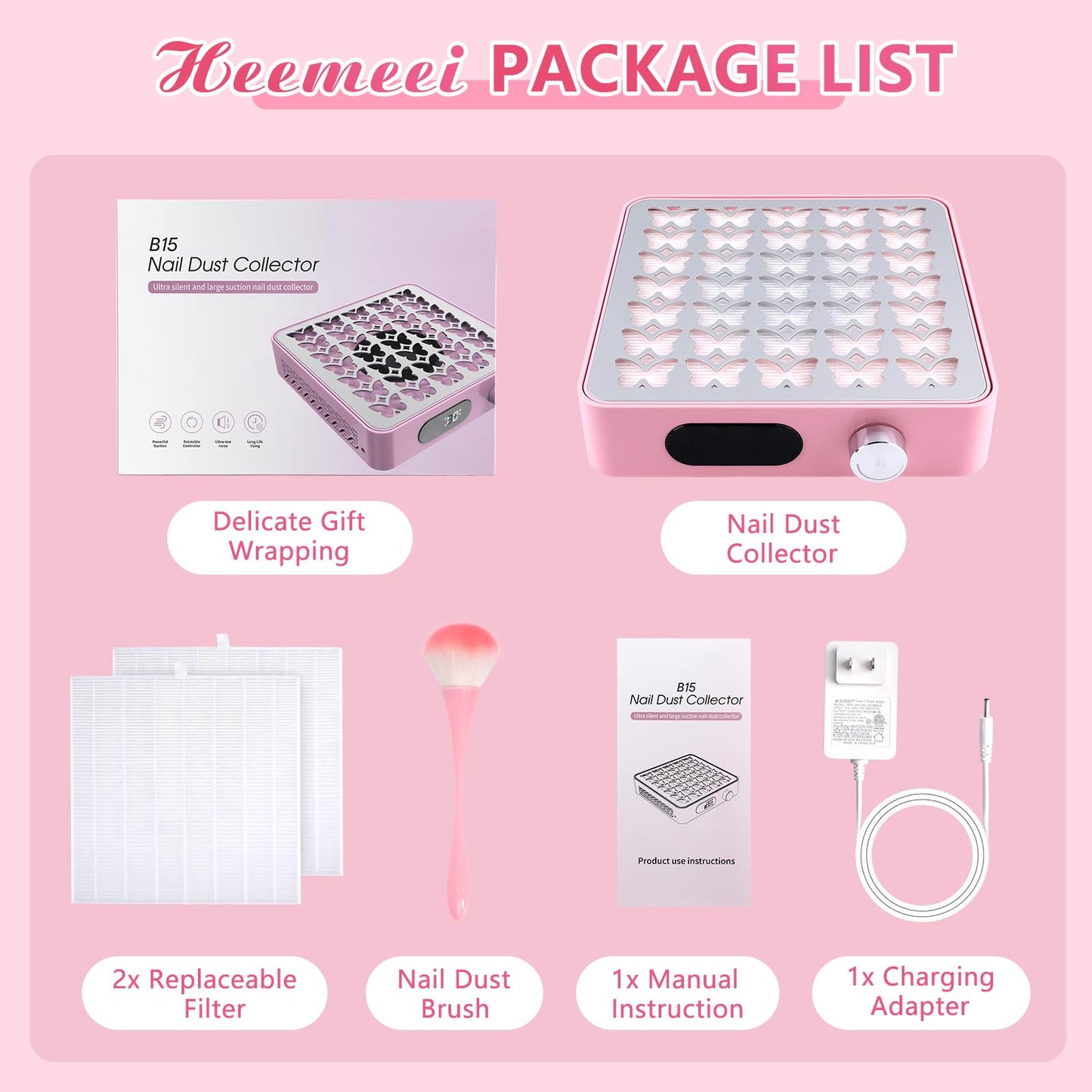 heemeei Nail Dust Collector, Powerful Dust Collector Nail Tech with 11-Gear, Professional Cordless Vacuum Nail Fan Dust Collector for Nail Tech, Nail Salon & Home (Pink)