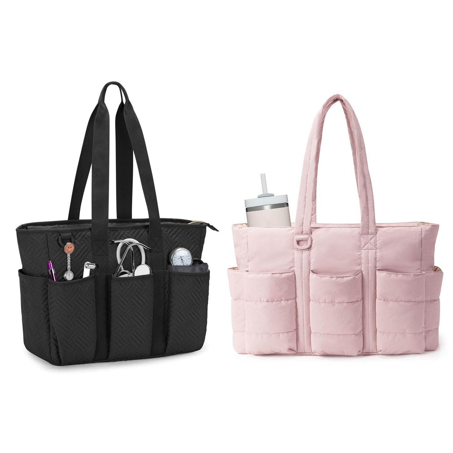 Fasrom 2PCS Nurse Tote Bag Bundle for Work, Structured Clinical Bag and Lightweight Puffer Nursing Tote, Multi-Pocket Nurse Bags for Nurses, Nursing Students, Home Health Care, Black+Pink