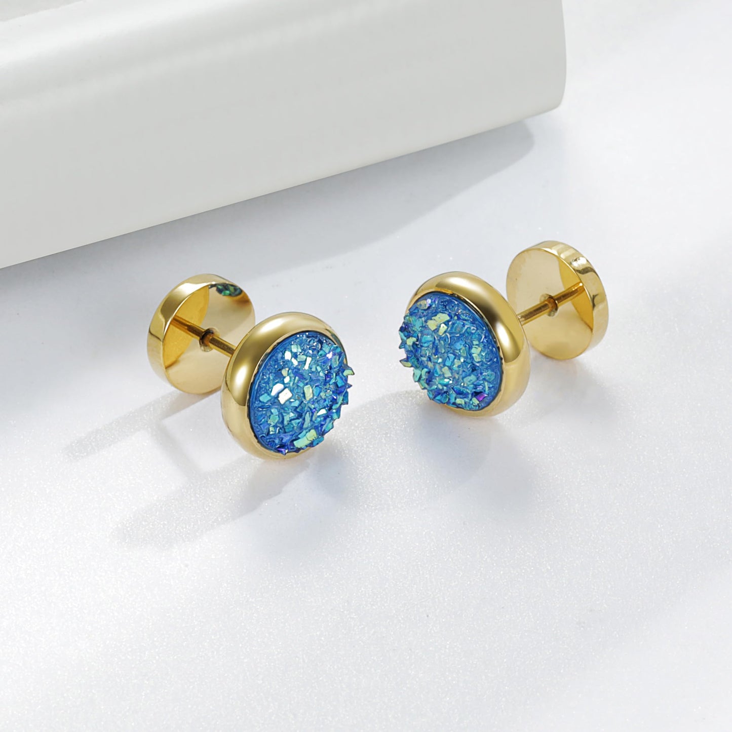 Women Men Flat Back Stud Earrings Non-Nickel Crystal Stone Earrings Titanium Stainless Steel Hypoallergenic Cartilage Earrings Stud for Sensitive Ears(Blue-gold)
