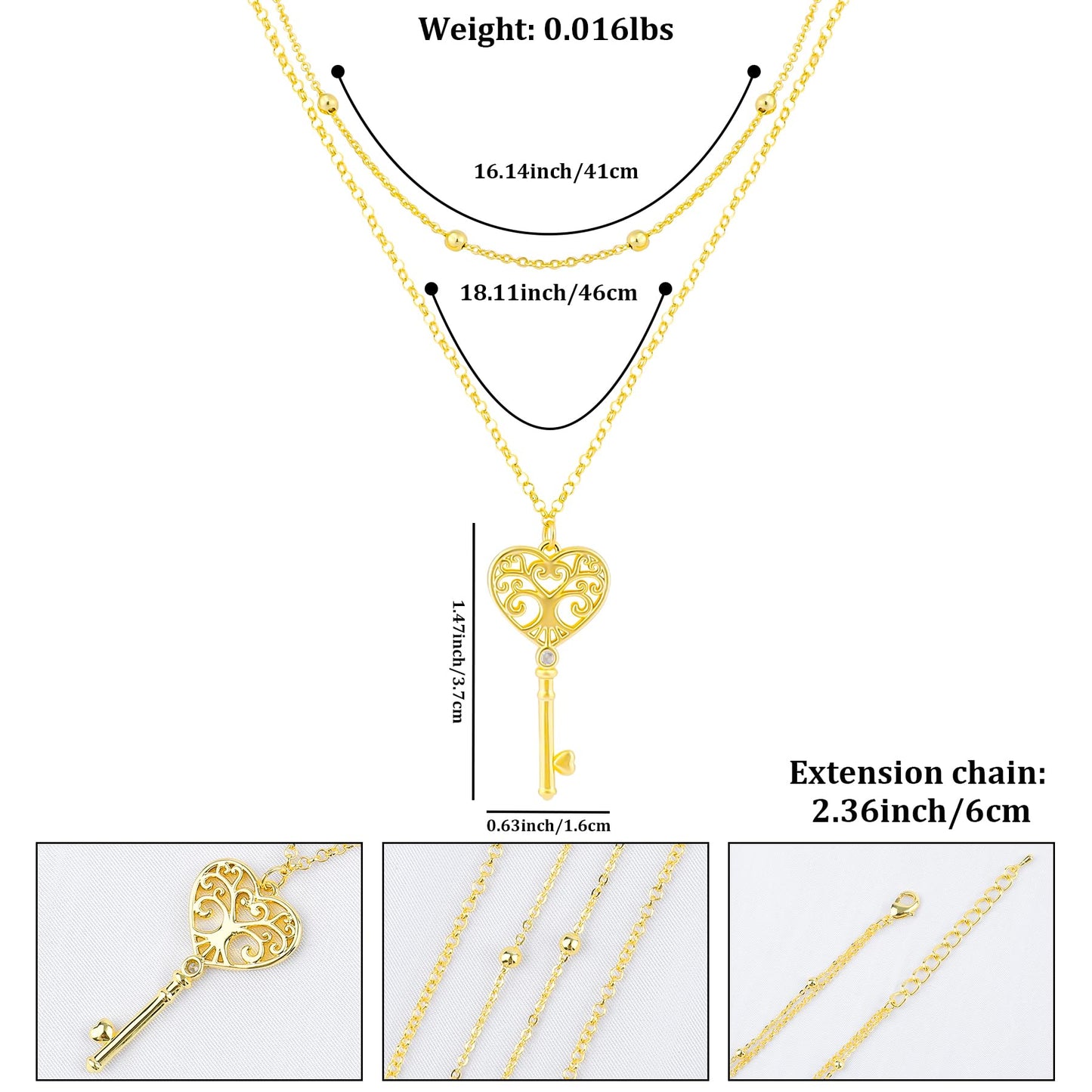 NEKOL Key Layering Necklace, Double-Layer Heart-Shaped Key Pendant with Cubic Zircon Inlay, Romantic and Elegant Design
