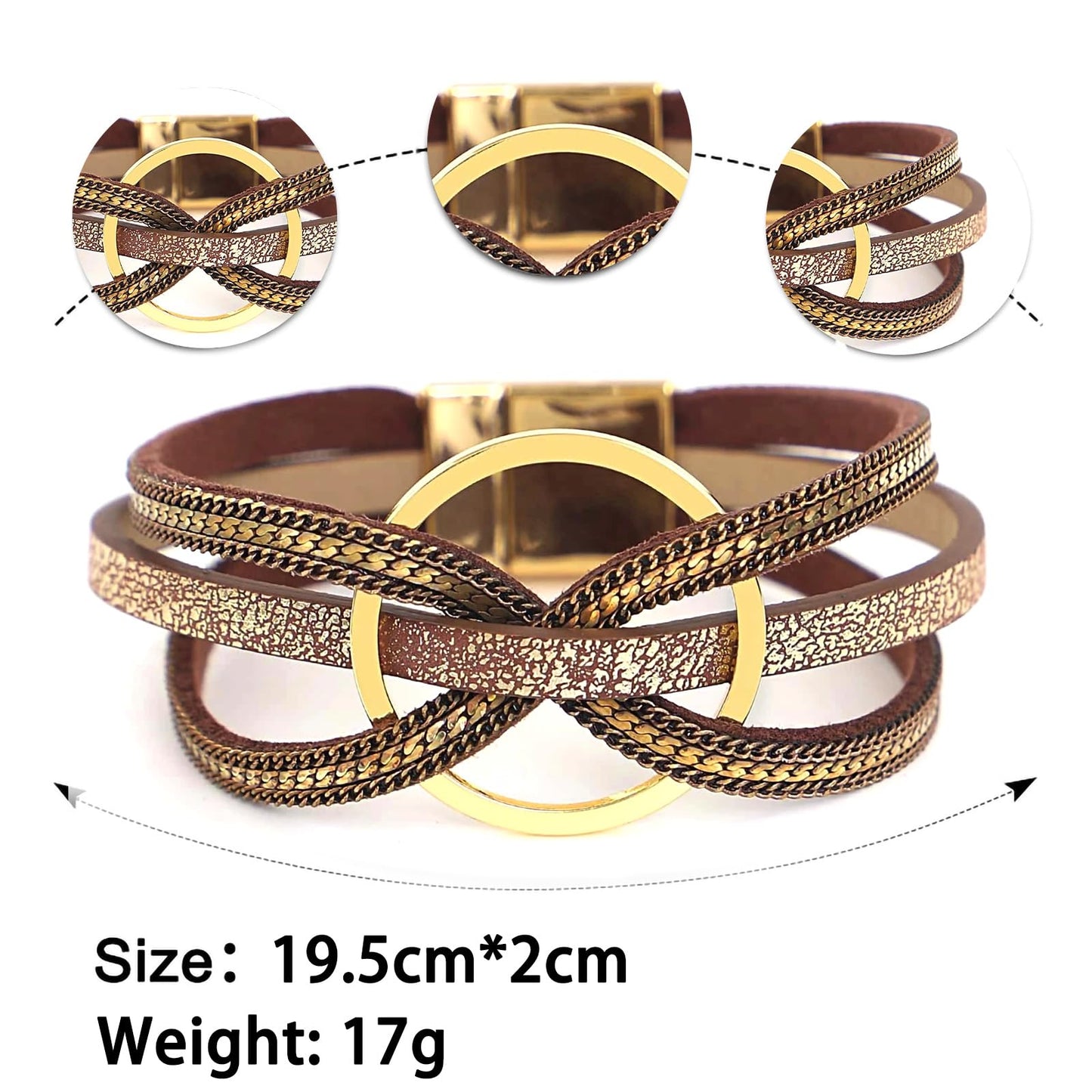 Leopard Bracelet for Women, Boho Leather Wrap Multi-Layer Pearl Crystal Bracelet Bangle Jewelry (Circle(Brown))