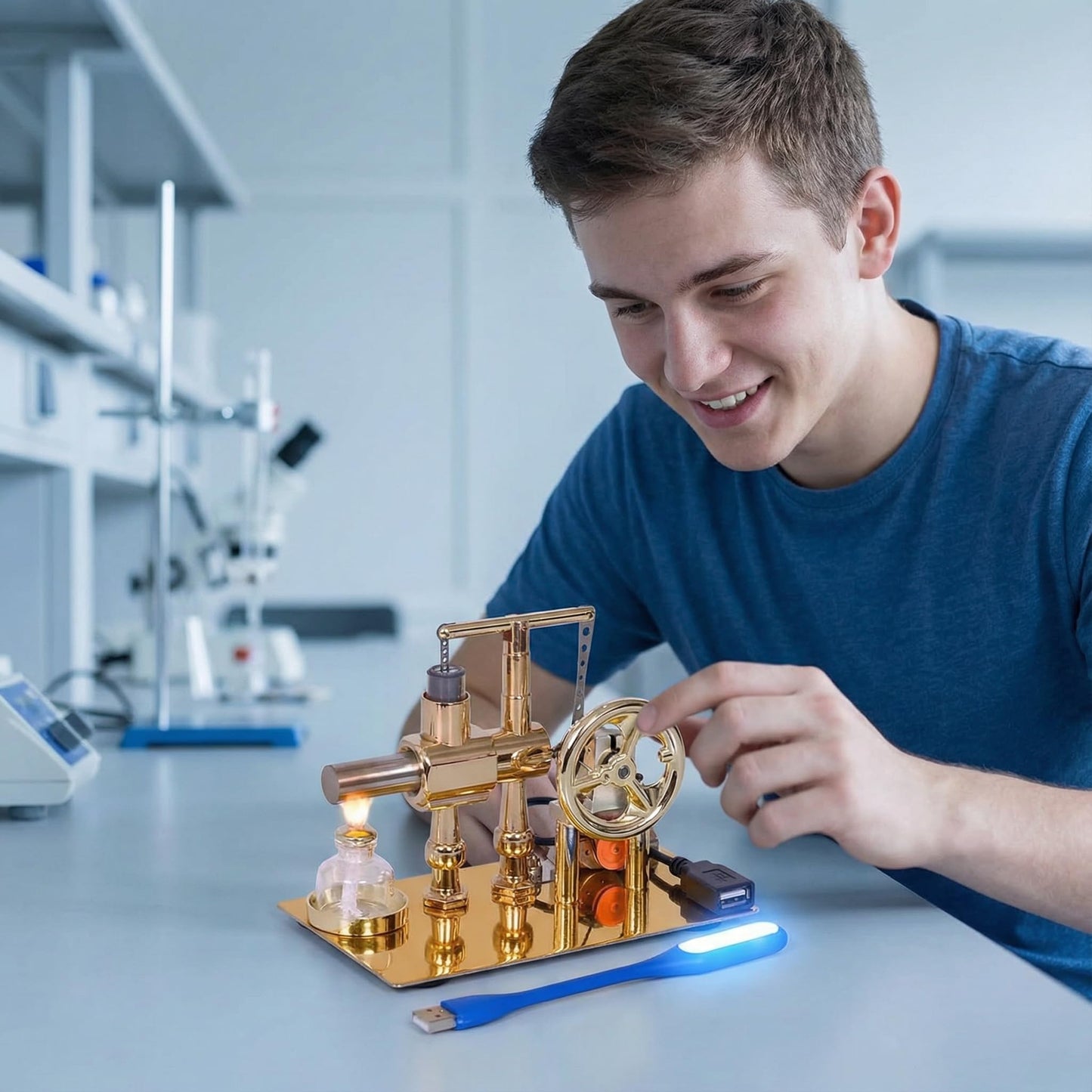 Hot Air Stirling Engine Motor Model,Stirling Engine Kit, Single-Cylinder Metal Stirling Engine External Combustion Engine Motor,DIY Hot Air Engine Gift of Air for Desktop EducationalToy (Gold)