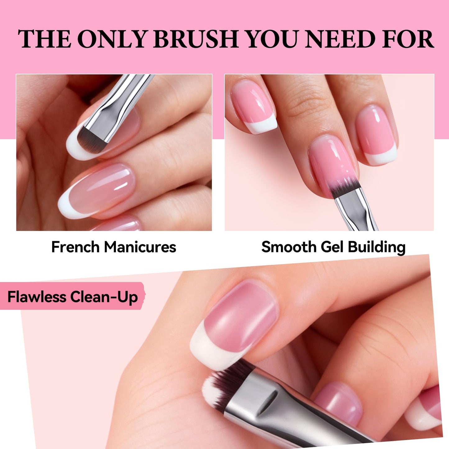 French Brush for Nails & Gel Polish Clean Up, Dual-Use Metal Handle Nail Art Brush with Cap for French Tips, Acrylic, Polygel | Professional Manicure Tool (Black)