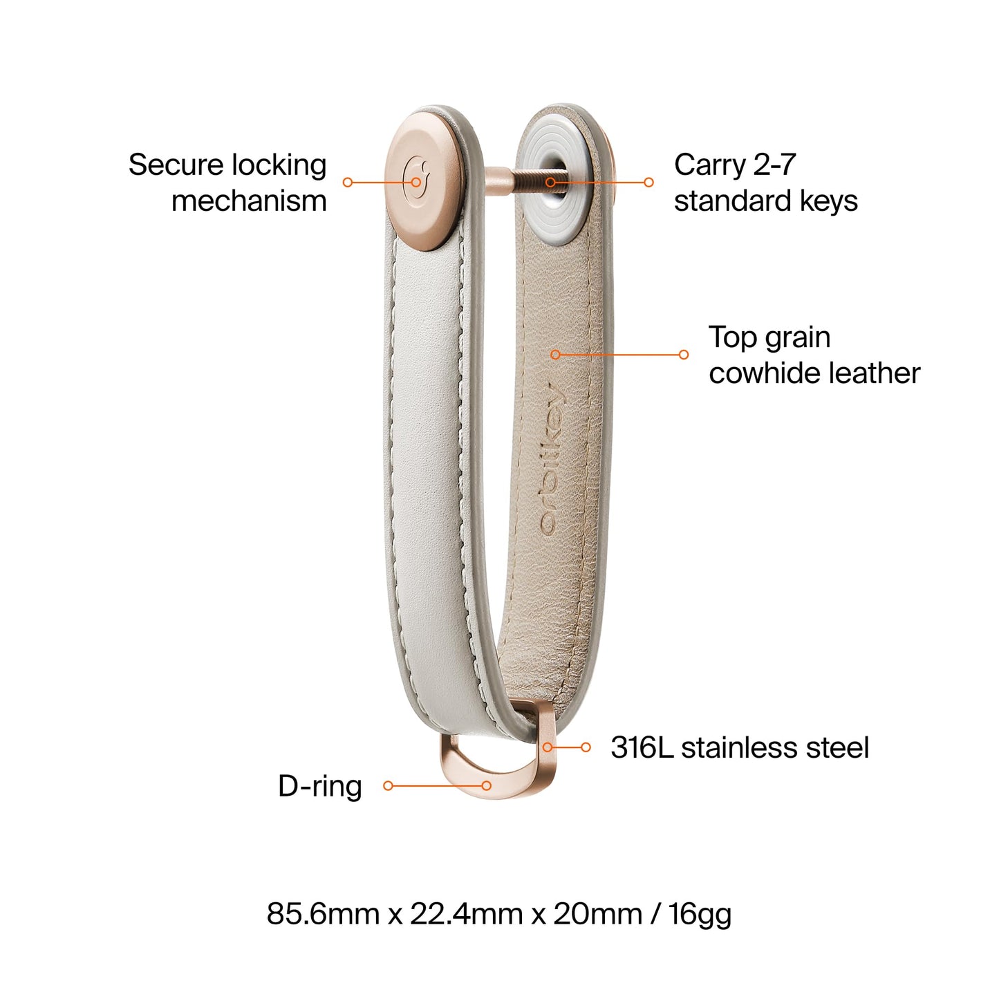 Orbitkey Leather Key Organizer | Durable, Stainless Steel Locking Mechanism, Slim & Quiet Profile | Holds up to 7 Keys, Stone with Grey Stitching