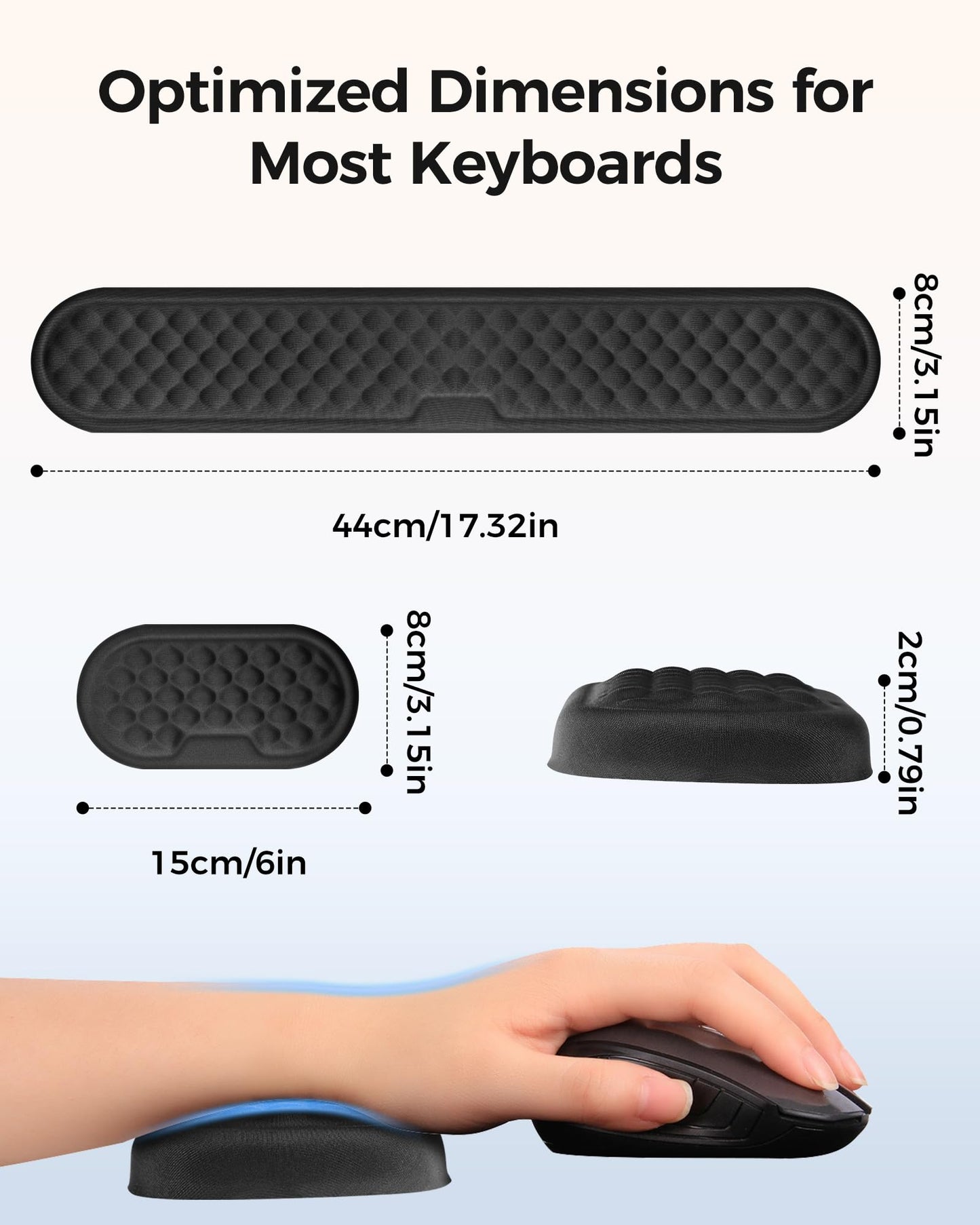 Wrist Rest Set for Keyboard and Mouse, Ergonomic Wrist Support with Memory Foam, Silky Lycra Cover, Non-Slip Base, Helps Ease Wrist Pressure and Fatigue During Long Typing and Gaming Sessions (Black)