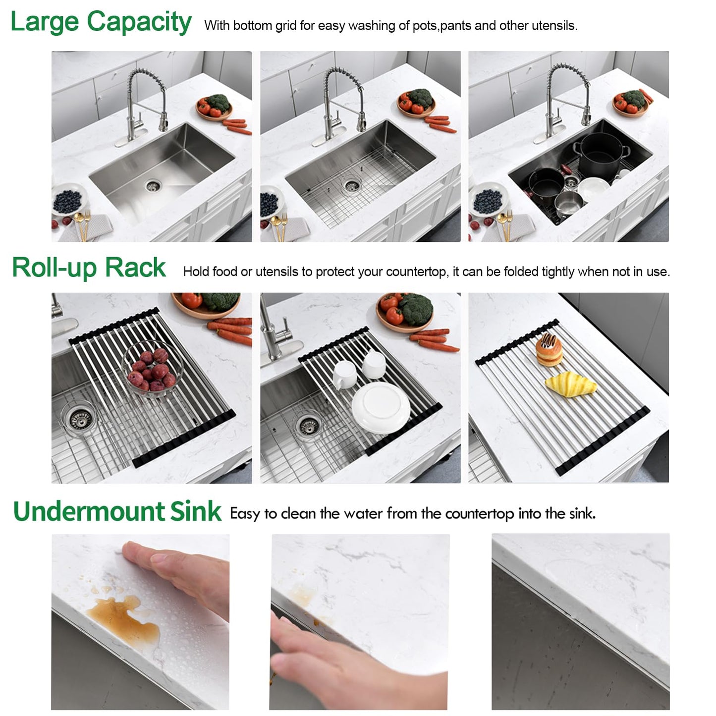 EcoChannels Undermount Kitchen Sink, 28 x 19 Inch Sink Kitchen16 Gauge Stainless Steel Outdoor Laundry Kitchen Sinks Single Bowl