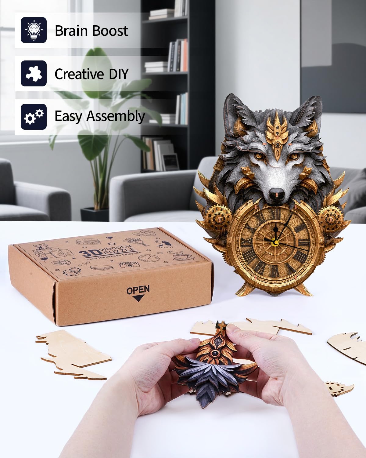 Rnfinewow 3D Puzzles for Adults, Gray Wolf DIY Clock Kit with Pendulum, Beginner 3D Wooden Puzzles Model Kit Crafts for Home Wall Decor Hobbies Birthday Christmas Day Gift