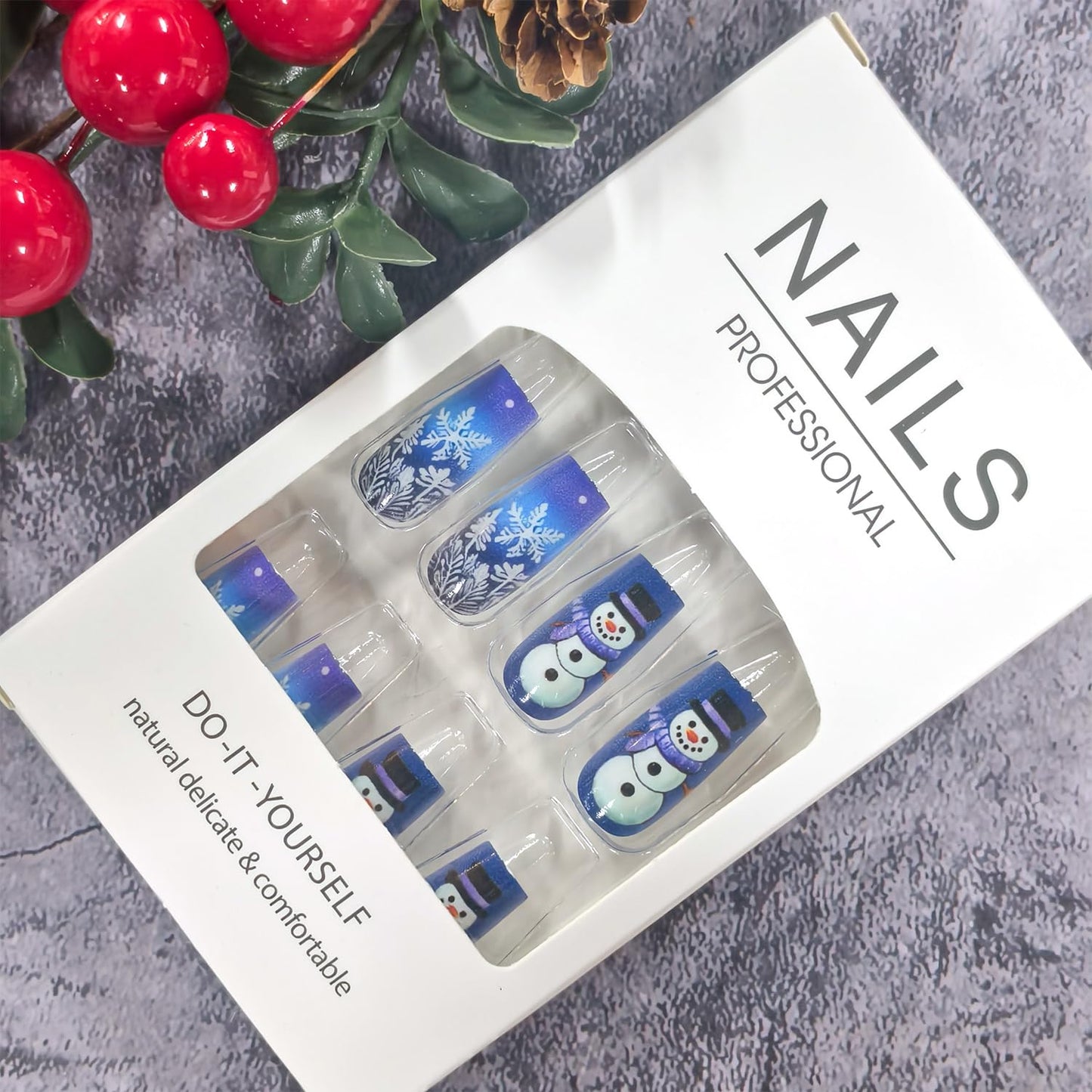 CJDLTS Christmas Press on Nails Medium Artificial Square Acrylic False Nails Gradient Snowflake with Snowman Stick on Nail Full Cover Winter Reusable Coffin Artificial Fingernails for Women Manicure
