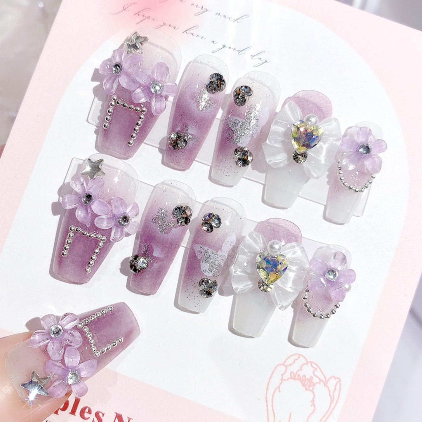 SINHOT Luxury Press on Nails - Long Coffin Fake Nails 3D Handmade Purple Flowers Reusable False Nails with Rhinestone Designs,DIY Artificial Nail Art, 24pcs