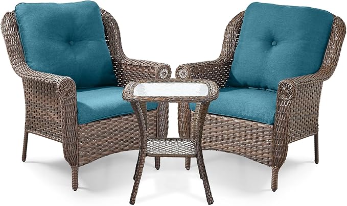 3 Piece Patio Brown Wicker Chairs with Side Table - Outdoor High Back Heavy Duty All-Weather Lawn Dining Rattan Chair Conversation Bistro Set for Deck Porch Balcony Garden - Peacock Blue