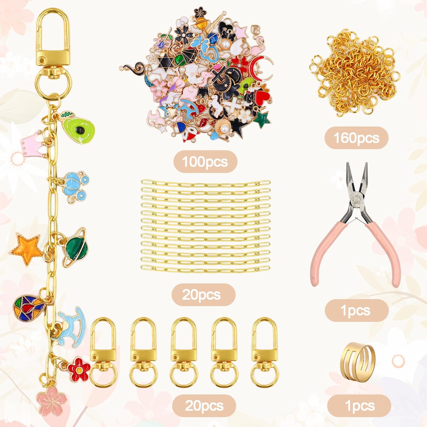 Gaiett 302 Pcs Keychain Making Kit with Charms, Bag Charm Making Kit Including 100 Charms 20 Keychain Clips Hooks 20 Extender Chains 160 Jump Ring and Jewelry Plier for DIY Gift