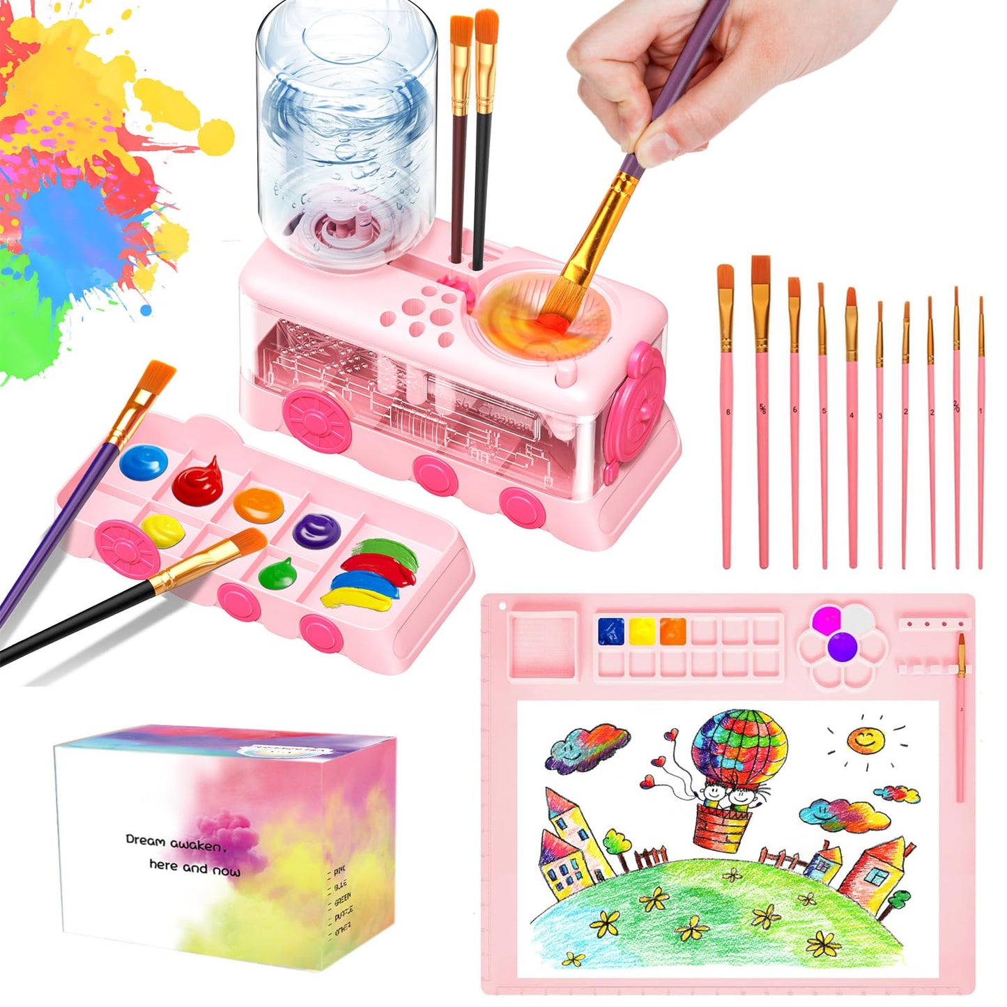 Velachuan Paint Brush Cleaning Kit for Kids with 5 Brushes, Art Smock, Washable Mat, Guidebook, Spiral Brush Cleaner Jar for Watercolor(Pink)