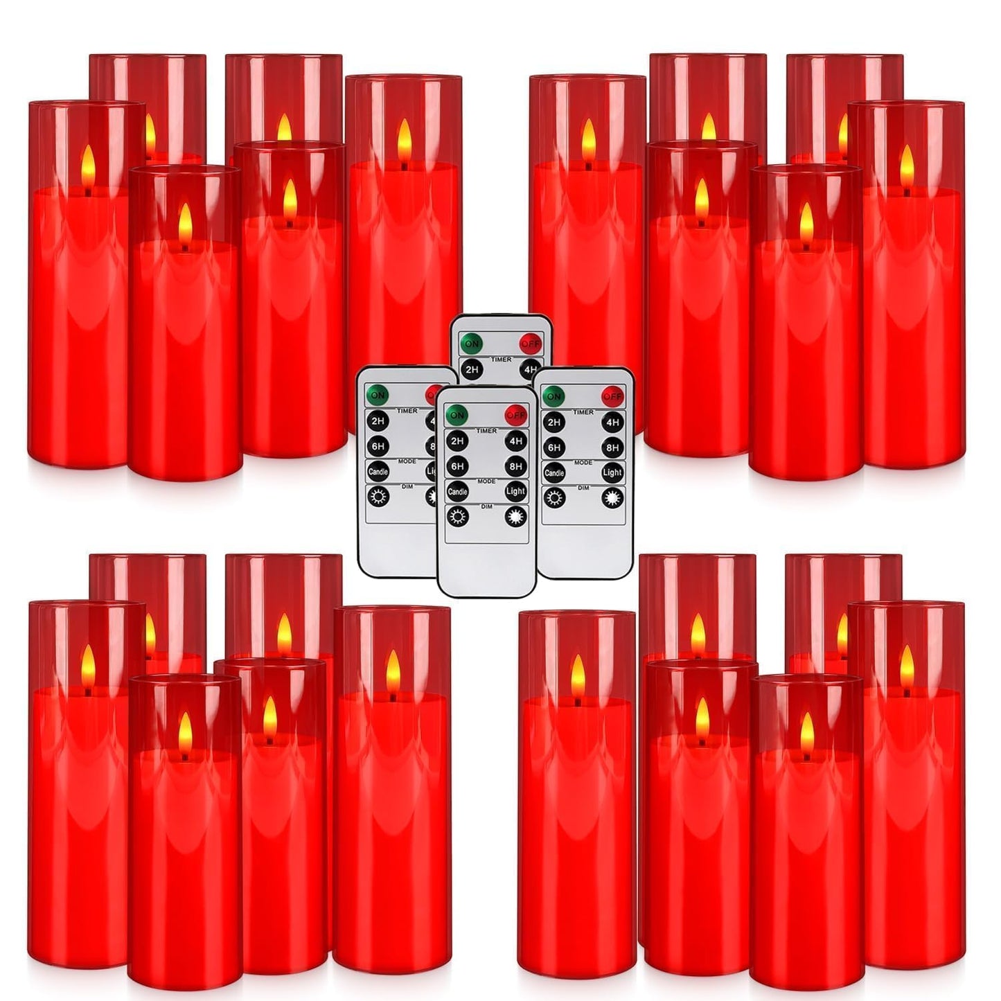 CLTNIKET 24-Pack Red Acrylic Flameless LED Candles with Remote Control - Realistic Flickering Battery - Operated Candles for Valentine's Day,Home Decor, Weddings, and Parties.
