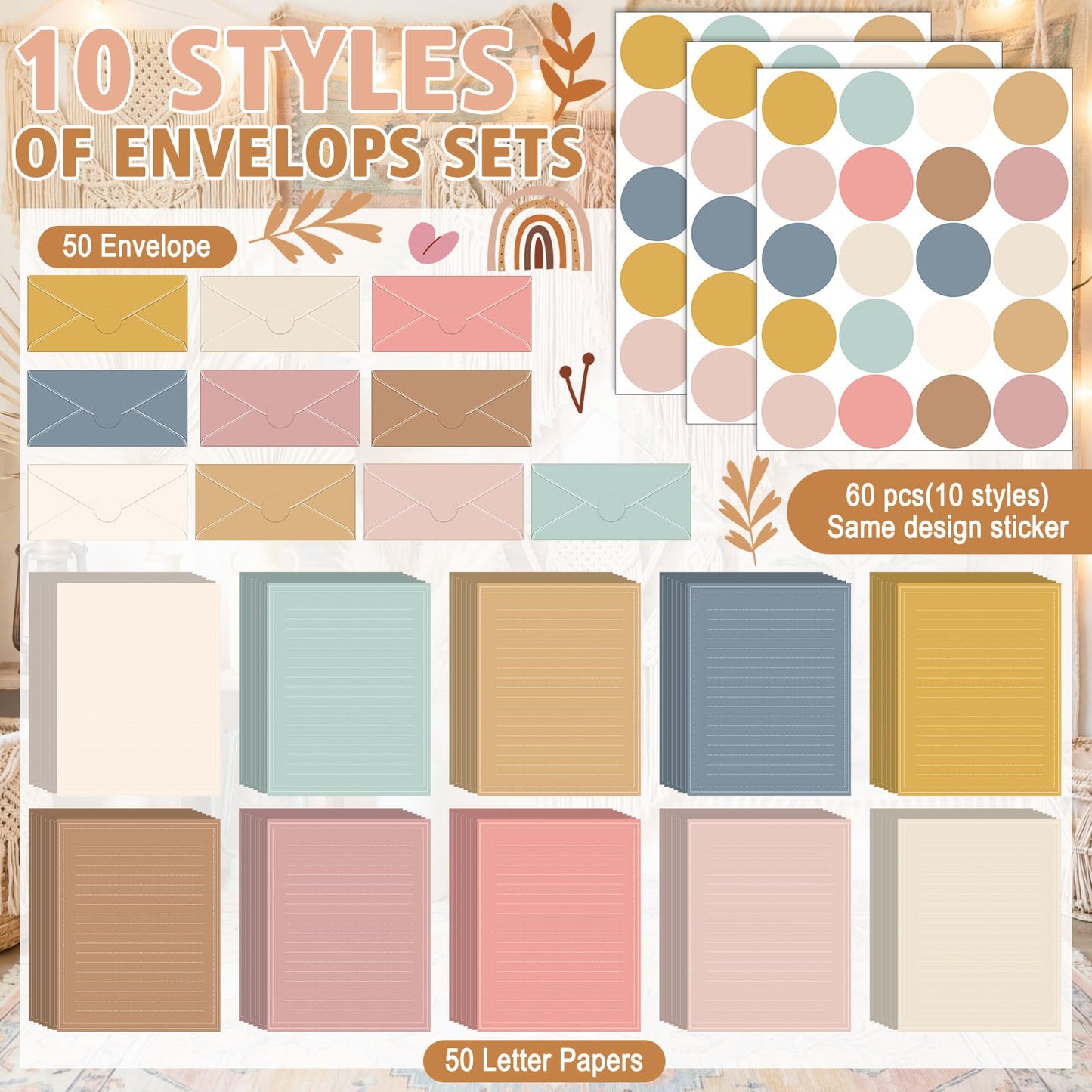 TaoBary 160 Packs Stationery Paper Set (50 Double Sided Stationery Writing Papers 50 Matching Envelopes) 60 Round Dot Sticker, 10 Design(11 x 8.5 Inch,Boho Color)
