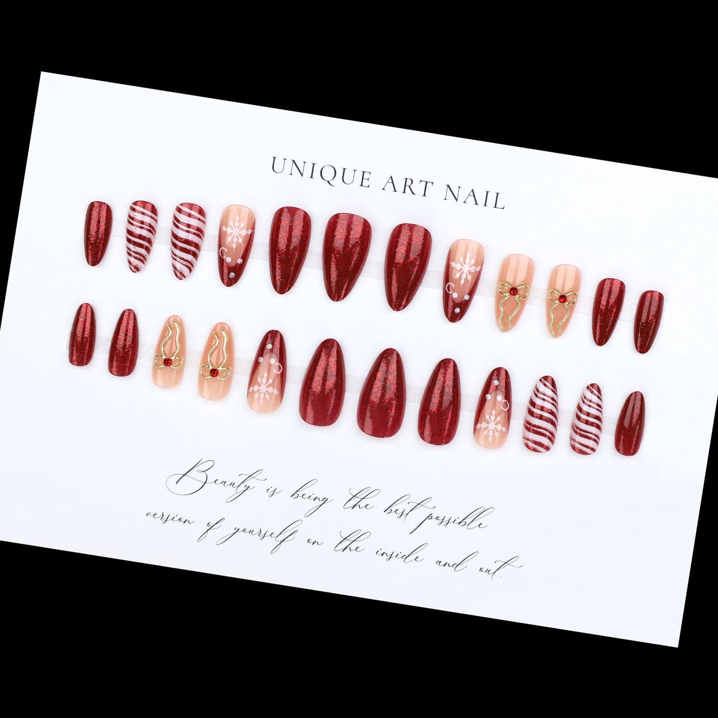 plalely Almond Press on Nails Long Christmas Fake Nails Embossed Bow Stick on Nail Tips for Women 24pcs