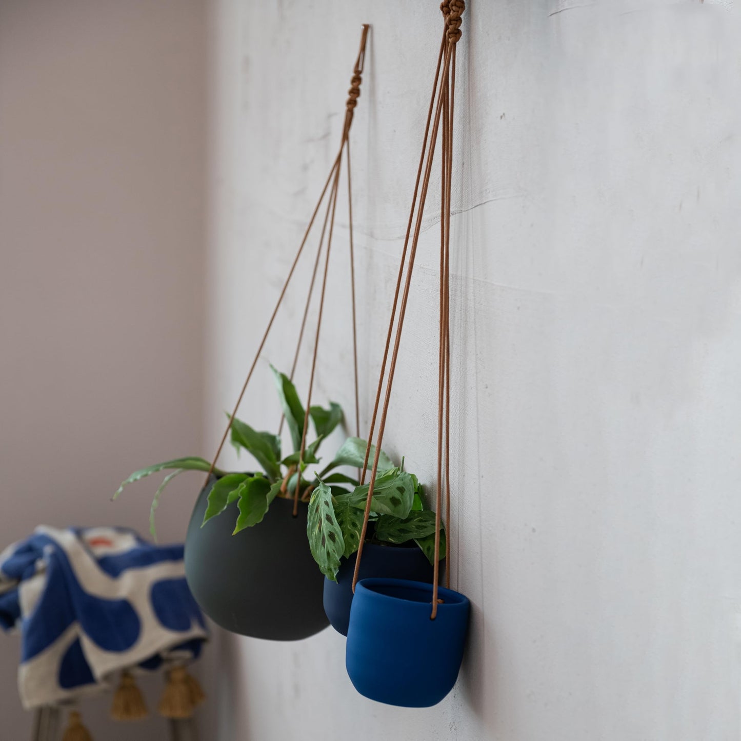 Bloomingville Hanging Stoneware Planter with Leather Rope Hanger, Latex Finish, Blue