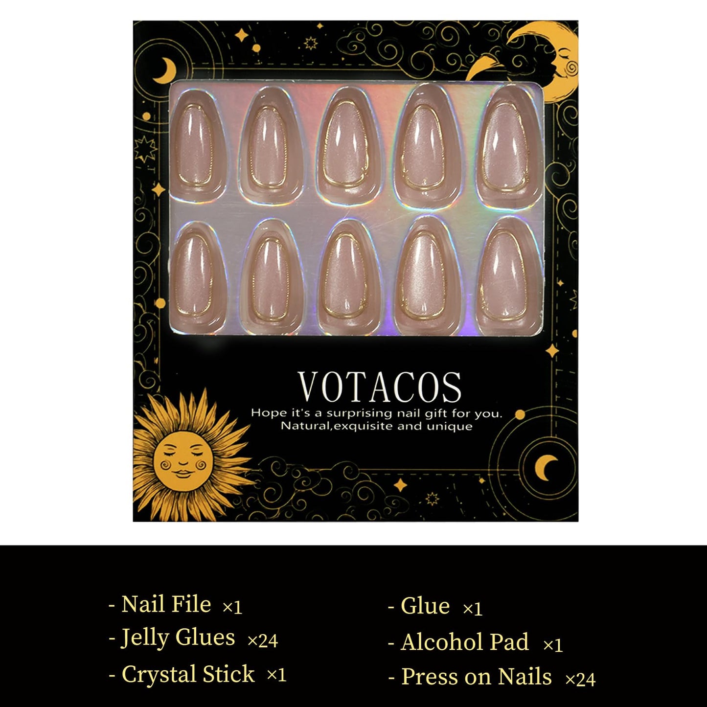 VOTACOS Cat Eye Acrylic Press on Nails Almond Medium Light Pink Acrylic Fake Nails Press Ons with Designs Gold Glue on Nail for Women 24PCS Reusable Artificial Stick on False Nail with 3D Line Designs