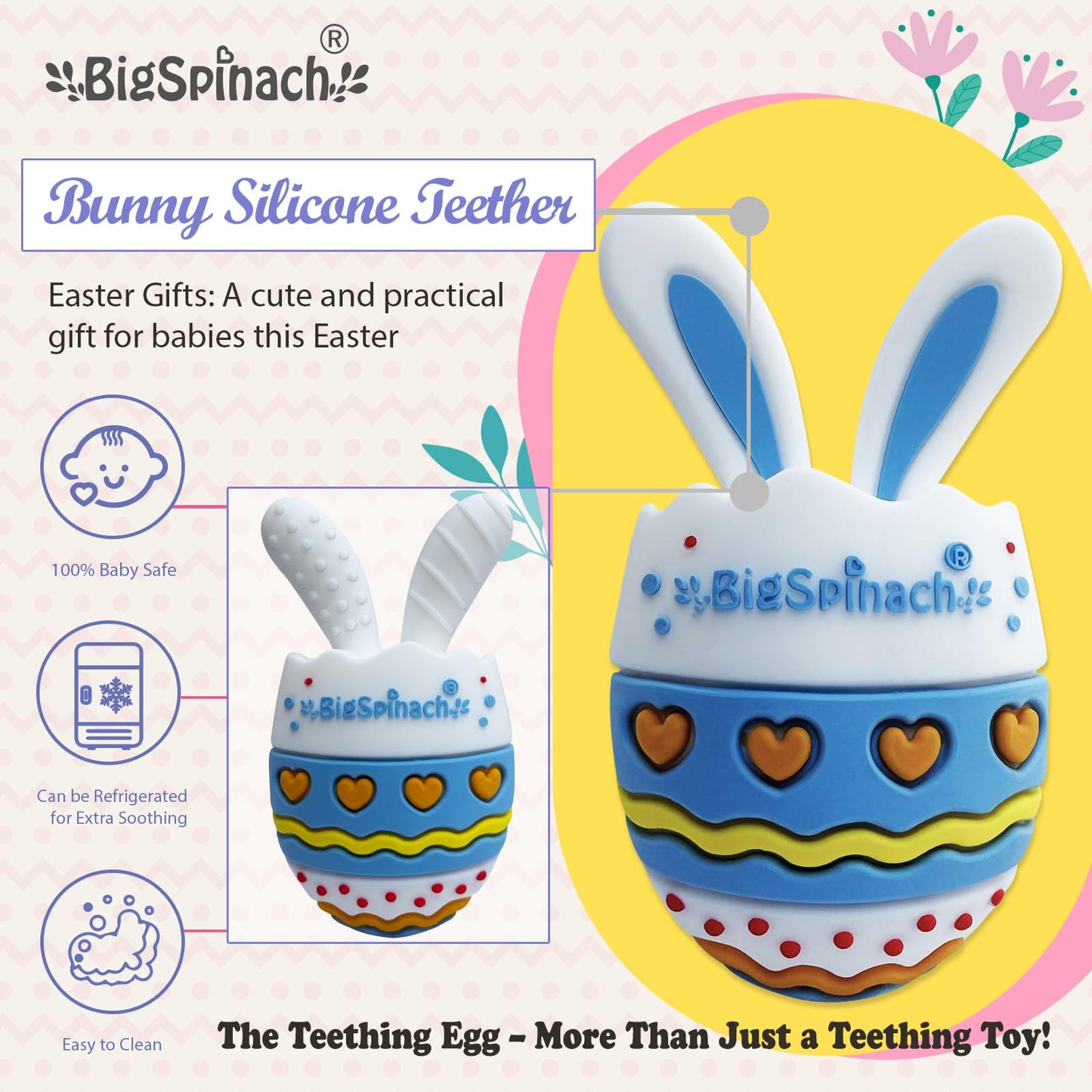 BIGSPINACH Easter Egg Baby Teether,Baby Teething Toy for Pain Relief,Silicone Bunny Rabbit Teether,Easter Gift for Babies,Sensory Toy for Boys & Girl (Blue)