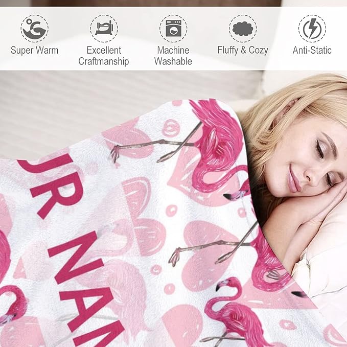 Custom Flamingo Blanket Gifts with Name - 40 x 50 Inches Cute Flamingo Throw for Girls - Light Pink Fuzzy Fluffy Plush Blankets for Sofa
