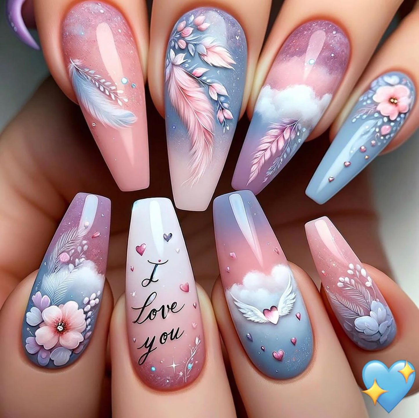 Ballet Shaped Press on Nails Long Length Flower False Nails Pretty Feather and Clouds Design Artificial Nails Blue Gradient Acrylic Nails Glossy Coffin Nails Reusable Stick on Nails for Women 24Pcs