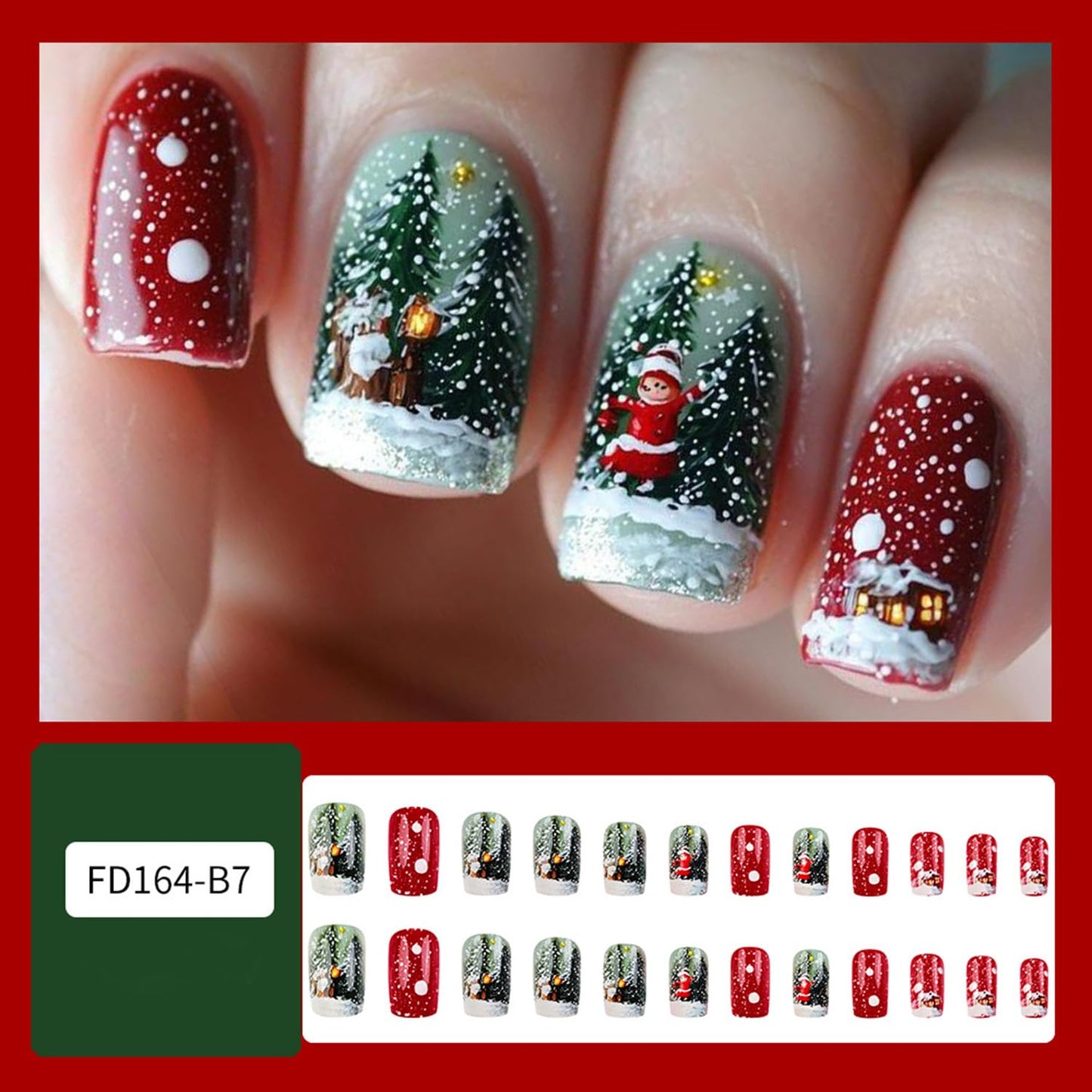 24Pcs Christmas Red Press on Nails Winter Snow House Fake Nails with Christmas Tree Designs Short Square False Nail for Women Acrylic Glue on Nail Xmas Short Reusable Nails