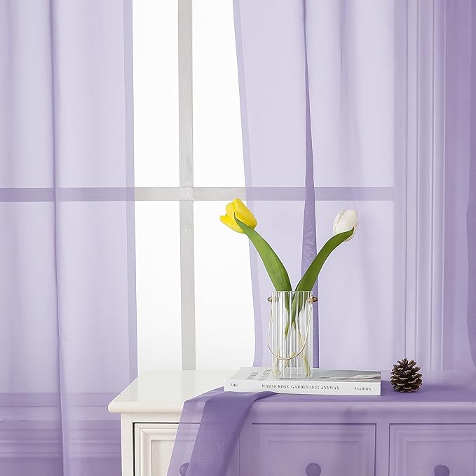 Lecloud Lavender Sheer Kitchen Curtains 54 Inch Length 2 Panels, Double Rod Pockets Window Living Room Light Purple Curtain, Balance Light & Privacy Solid Voile Girls Bedroom Drapes, 40W x 54L