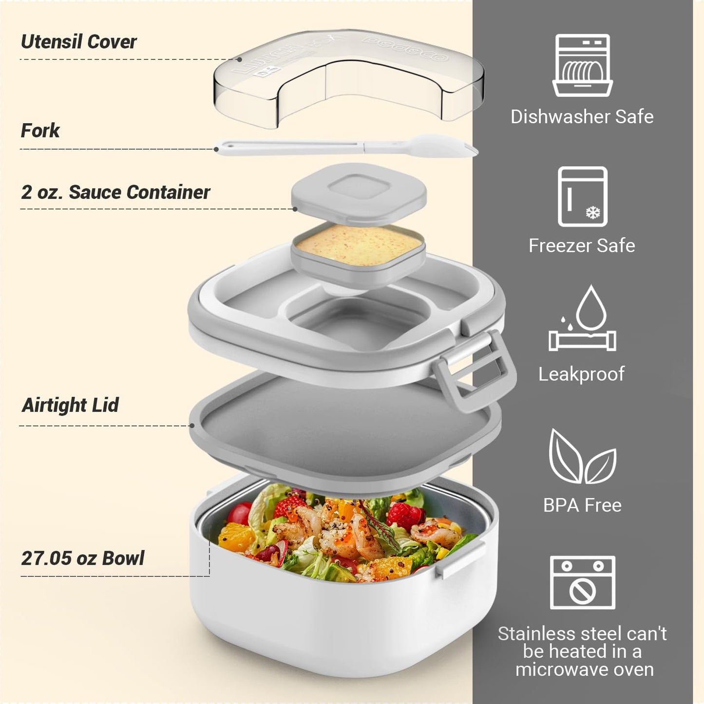 PEDECO Single-Layer Bento Lunch Box for Kids & Adults with Removable Stainless Steel Lunch Container,Dressing Container,BPA-Free,Dishwasher Safe - Includes Utensil(White,Not Insulated)