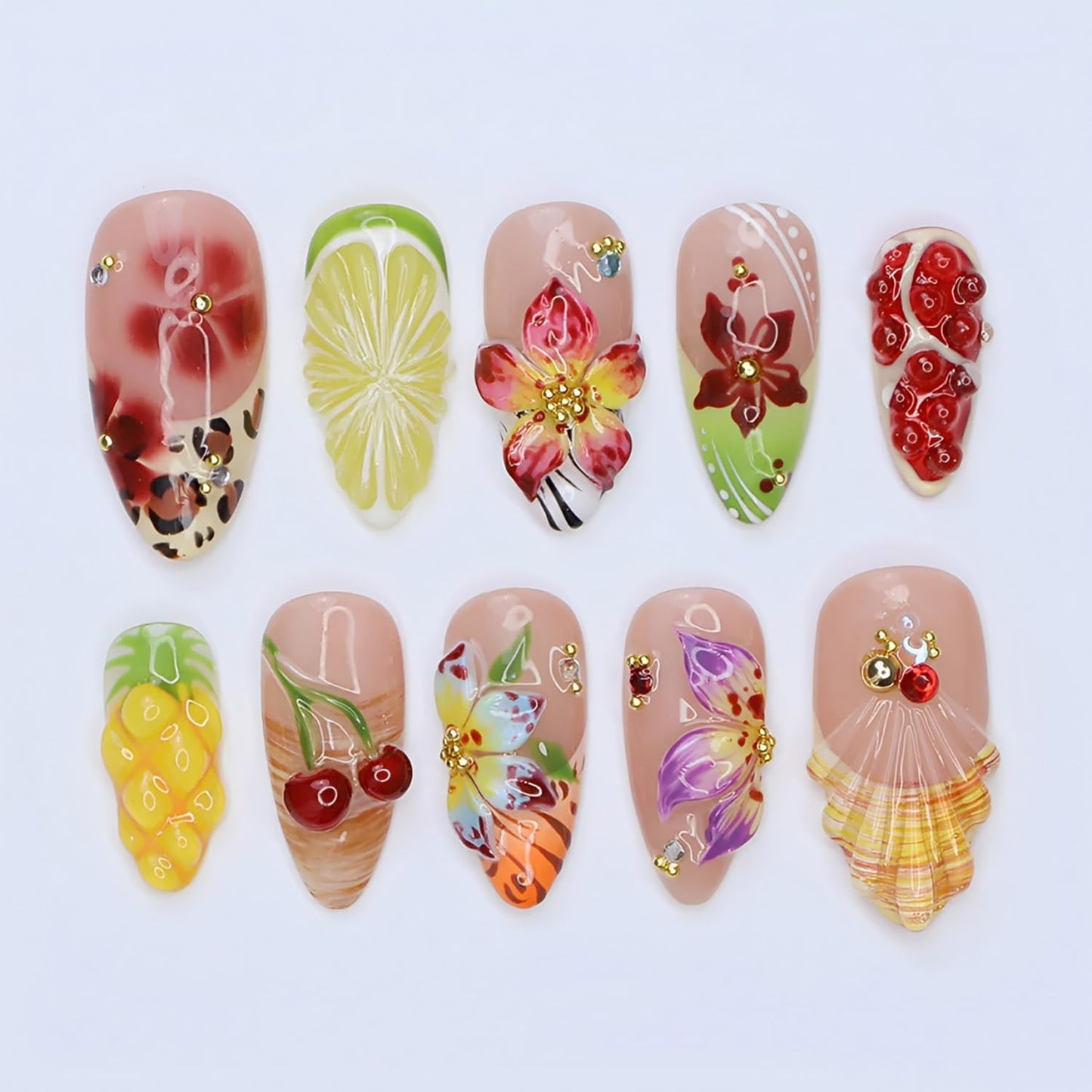 30Pcs Handmade Press on Nails Medium Almond French Tip Fake Nails 3D Flower False Nails with Beach Fruit Design Summer Glue on Nails Full Cover Artificial Glue on Nails Cute Stick on Nails for Women