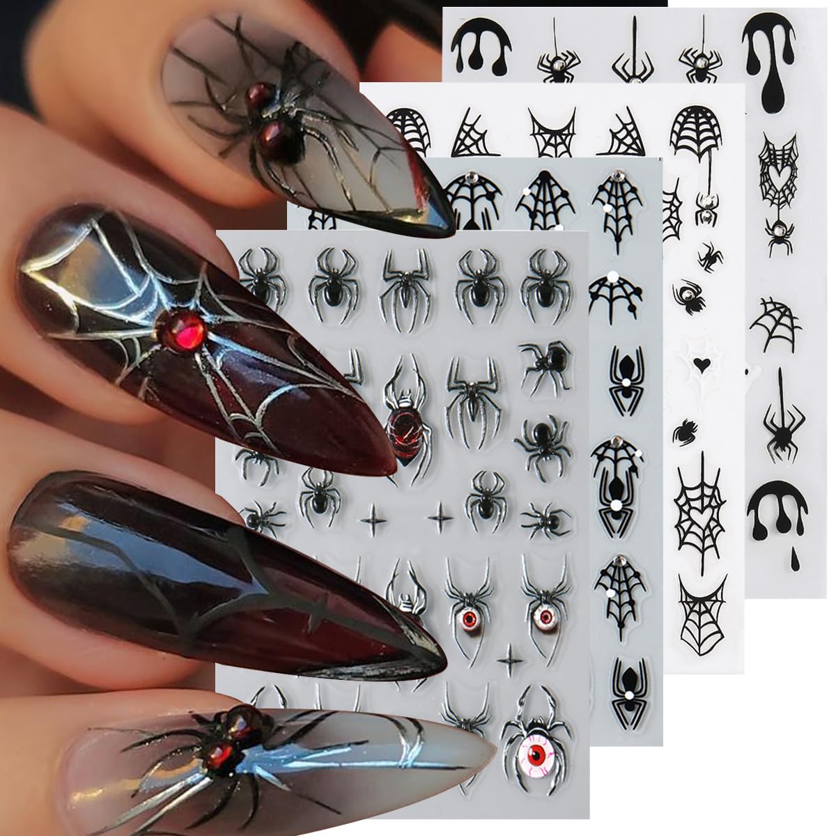 4 Sheets Halloween 5D Embossed Spider Nail Stickers for Nail Art Exquisite Glitter Rhinestones Nail Design Stickers Self-Adhesive Evil Eye Nail Decals Holiday Nail Art Decoration for Women DIY Set
